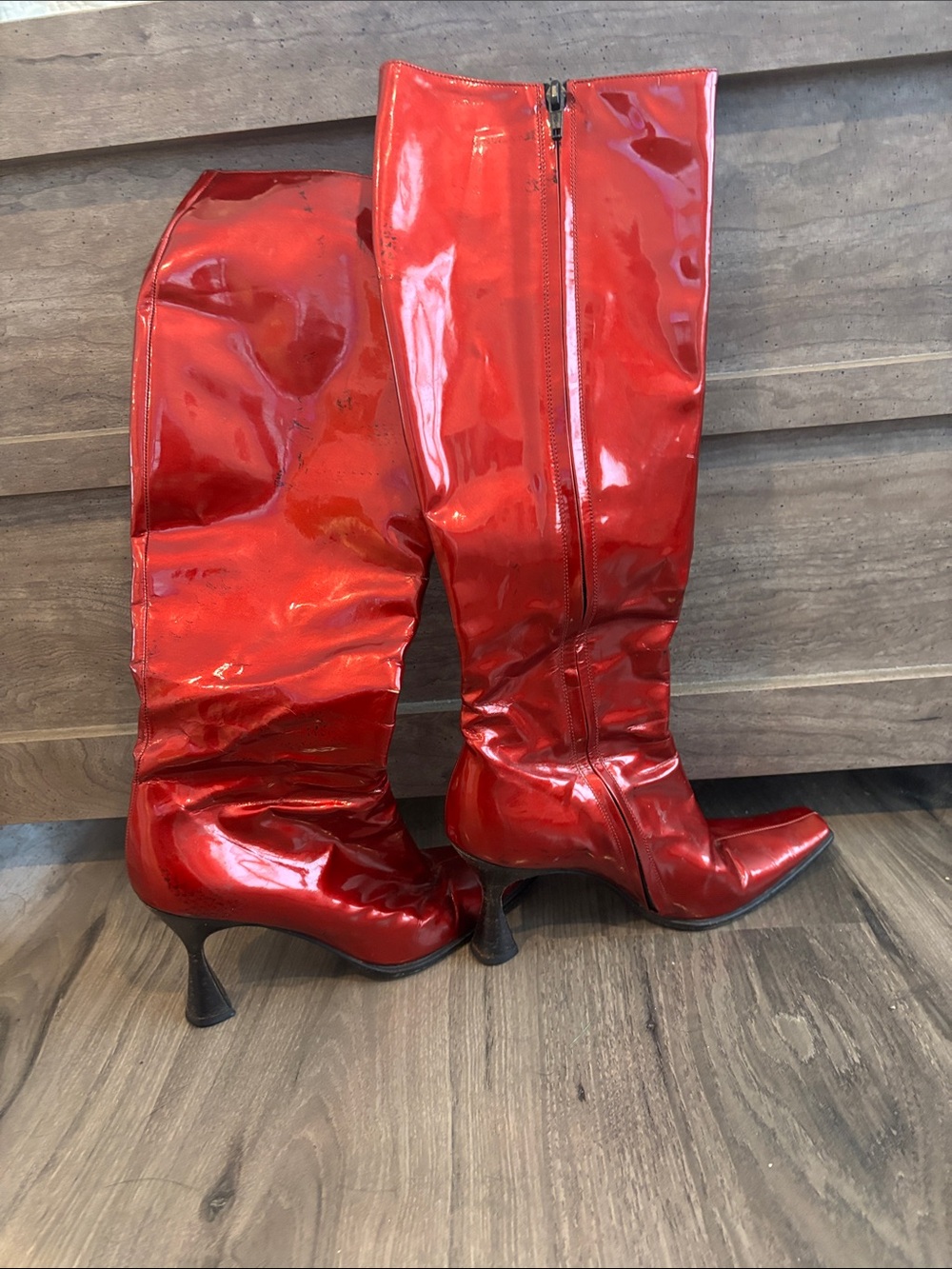 Vintage Escada Red Patent Leather Knee High Boots - Y2K Italian Heels Size 7.5